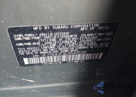 2020 Subaru Forester Premium z USA, uszkodzony, nr VIN JF2SKAJCXLH549598